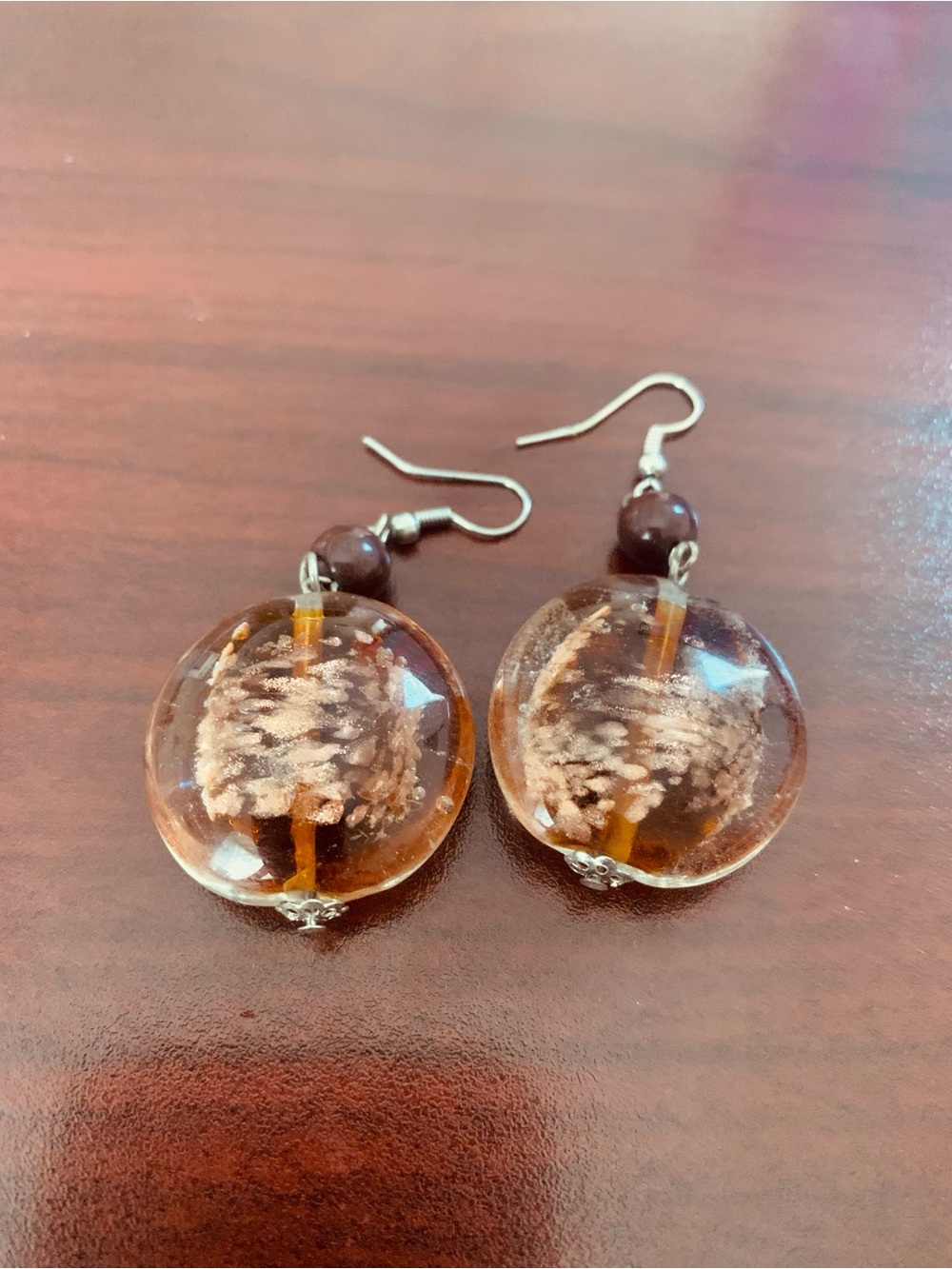 Amber Glass Round Drop Earrings with Brown Bead Accents